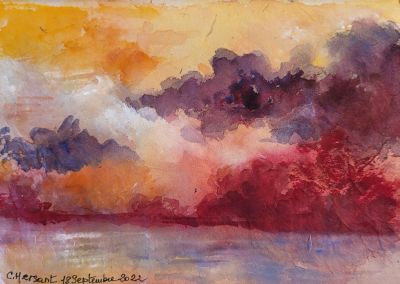 COUCHER DE SOLEIL. Aquarelle sur papier népalais. 12 x 16 cm. Juillet 2022. COUCHER DE SOLEIL. Aquarelle sur papier népalais. 12 x 16 cm. Juillet 2022.
