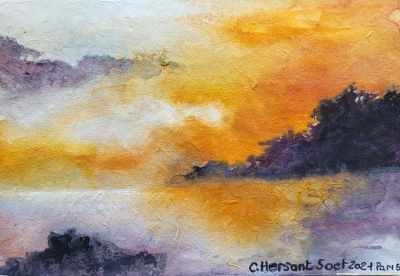 MER, COUCHER DE SOLEIL. Aquarelle sur papier népalais. 12 x 16 cm. 5 Octobre 2021. MER, COUCHER DE SOLEIL. Aquarelle sur papier népalais. 12 x 16 cm. 5 Octobre 2021.