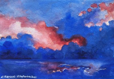 ORAGE, LER COUCHER DE SOLEIL. Aquarelle sur papier chiffon indien. 2 septembre 2021. ORAGE, LER COUCHER DE SOLEIL. Aquarelle sur papier chiffon indien. 2 septembre 2021.